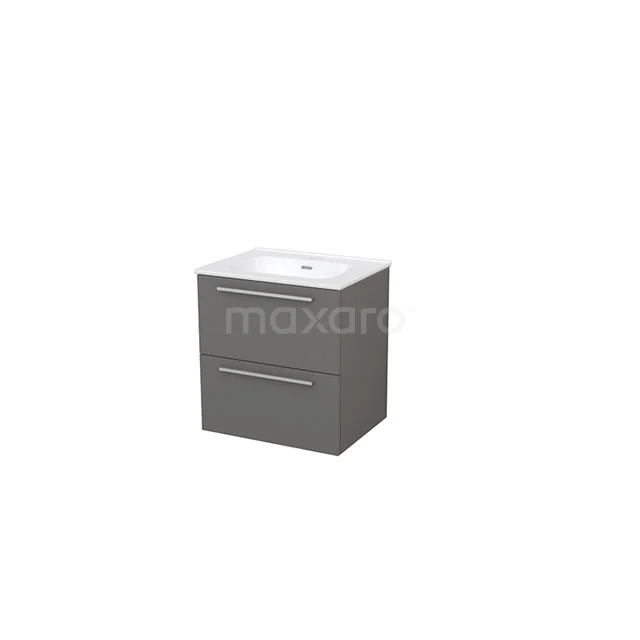 Grey floating bathroom cabinet with two drawers, ceramic basin and sleek modern design, ideal for compact bathrooms.