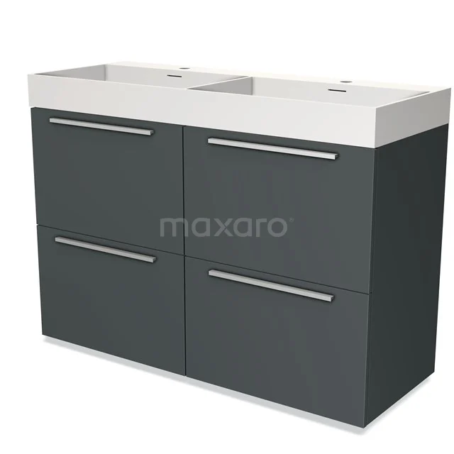 Grijze dubbele wastafelmeubel met witte keramische wastafel, strak design en vier ruime lades voor badkameropslag.