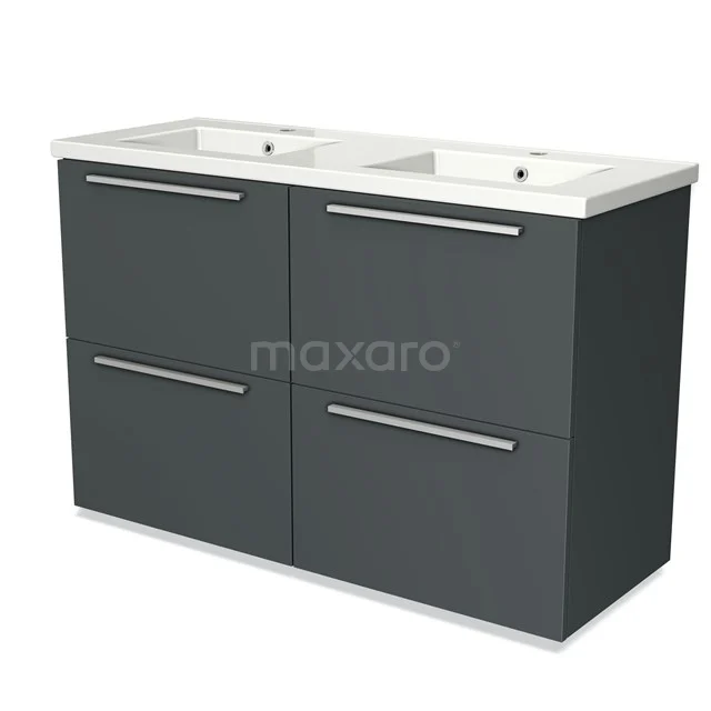 Dark grey double vanity base unit with four drawers, white ceramic sinks and sleek metal handles, ideal for the bathroom.