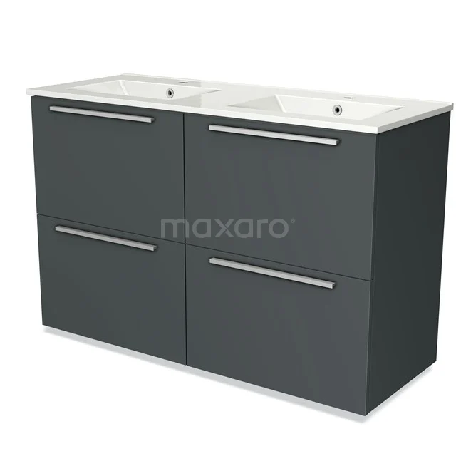 Antracietgrijze badkamermeubelset met dubbele wasbak, strakke ladegrepen en modern design, perfect voor elke badkamer.