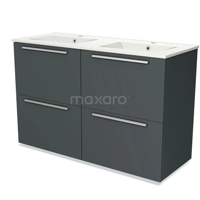 Donkergrijze badmeubelset met dubbele wastafel, strakke handgrepen en moderne afwerking, ideaal voor stijlvolle badkamers.