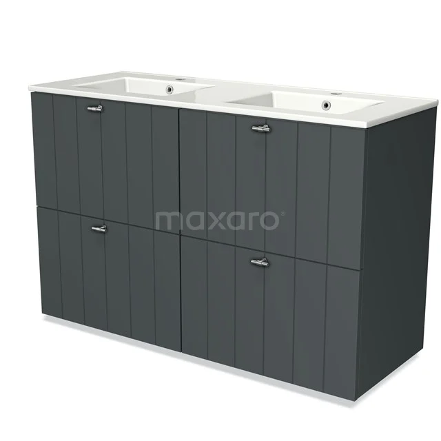 Double vanity unit with dark grey panels, four drawers and white ceramic countertop wash basins, perfect for a modern bathroom.