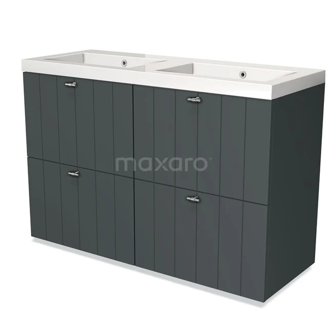 Dark grey, double vanity unit with vertical lines, sleek modern design, perfect for a stylish bathroom.