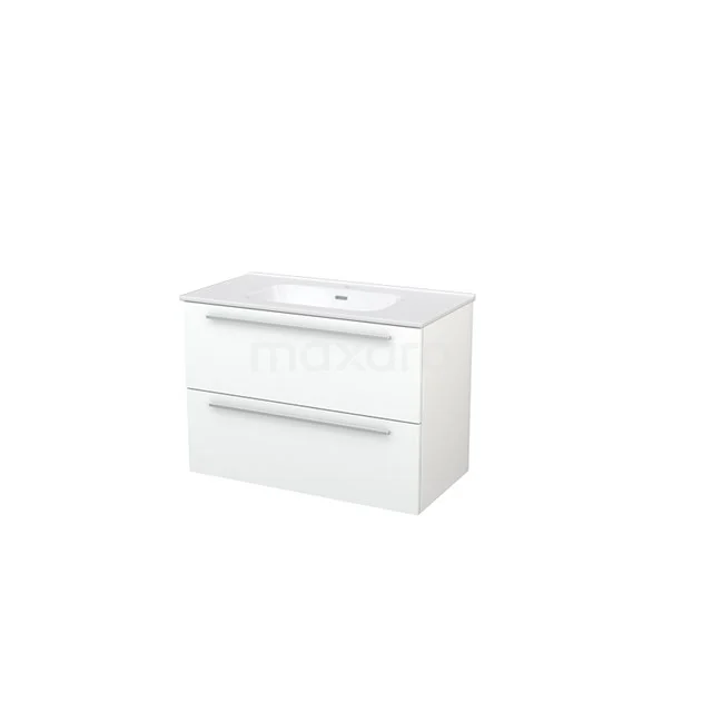 White bathroom cabinet with ceramic basin, two drawers and metal handles. Modern design, ideal for practical bathroom storage.