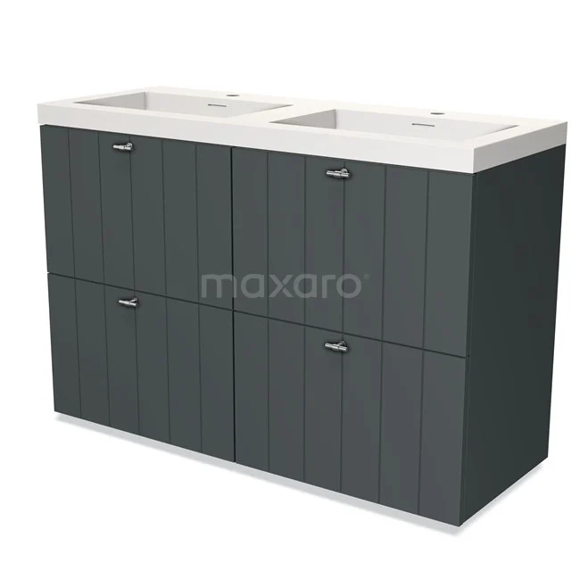 Dark grey bathroom furniture set with double basin, wood-look finish and four storage drawers, ideal for a modern bathroom.