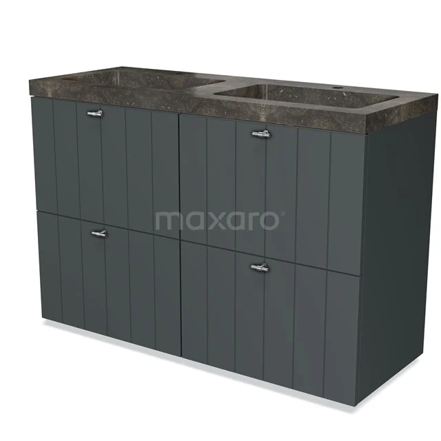 Dunkelgrau Badmöbel mit Schwarz marmorierter Waschtischplatte, vier Schubladen, modernes Design in Holzoptik, ideal für ein stilvolles Badezimmer.