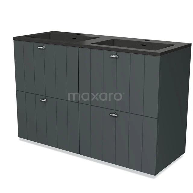 Grey double vanity unit with black sink, modern wooden panels and metal handles for stylish bathrooms.