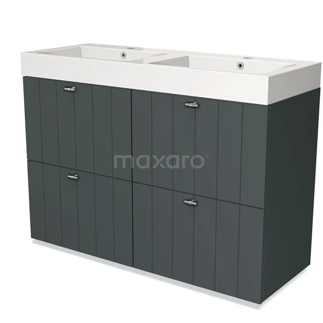 Donkergrijze badkamermeubelset met dubbele wastafel, moderne lamellenstructuur en vier opbergvakken.
