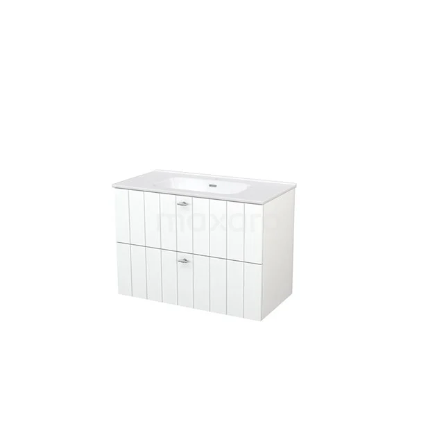 Modulo+ Bathroom furniture with sink | 90 cm Matte white Slat front Ceramic 2 Stacked drawers BMP004528 White Bathroom unit with two handleless drawers, modern design and integrated vanity units with basin, ideal for a stylish bathroom.