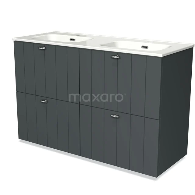 Dubbele wastafelmeubel, grijs met houtnerf, 4 soft-close lades, ideaal voor moderne badkameropslag.