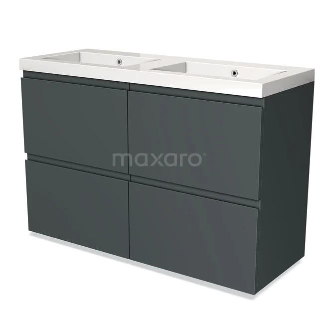 Dark grey double basin base cabinet with glossy finish, spacious drawers and sleek design for a modern bathroom.