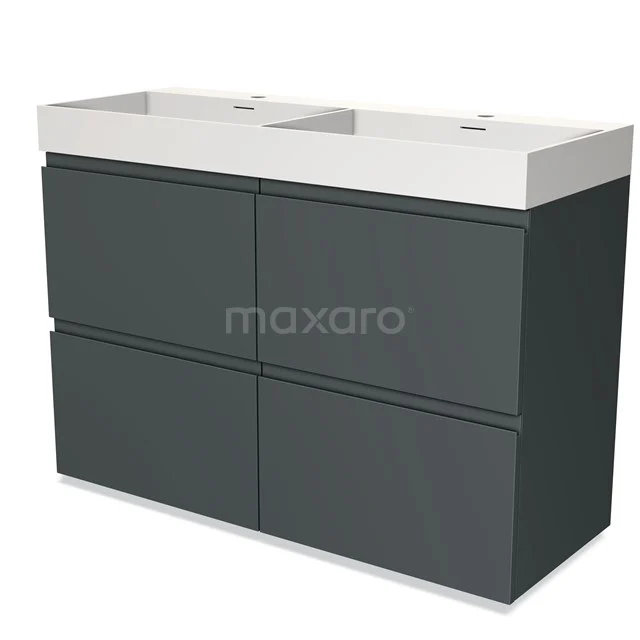 Donkergrijze wastafelmeubelset met dubbele wasbak, modern design en strak afwerking, perfect voor een stijlvolle badkamer.
