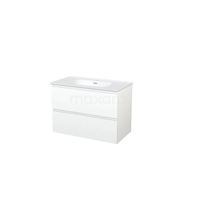 Modulo+ Vanity units with basin | 90 cm Matte white Handle-less front Ceramic 2 Stacked drawers BMP002949 White Bathroom unit with integrated vanity units with basin, modern design, two spacious soft-close drawers, ideal for an organised bathroom.