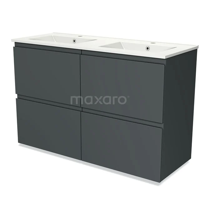 Donkergrijze dubbele wastafelmeubel met keramische wasbakken, strak design, perfect voor een moderne badkamer.