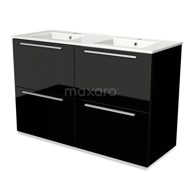 Schwarzes Waschtisch mit Doppelwaschbecken, glänzender Oberfläche und eleganten Haltegriffen, perfekt für einen modernen Badezimmerstil.