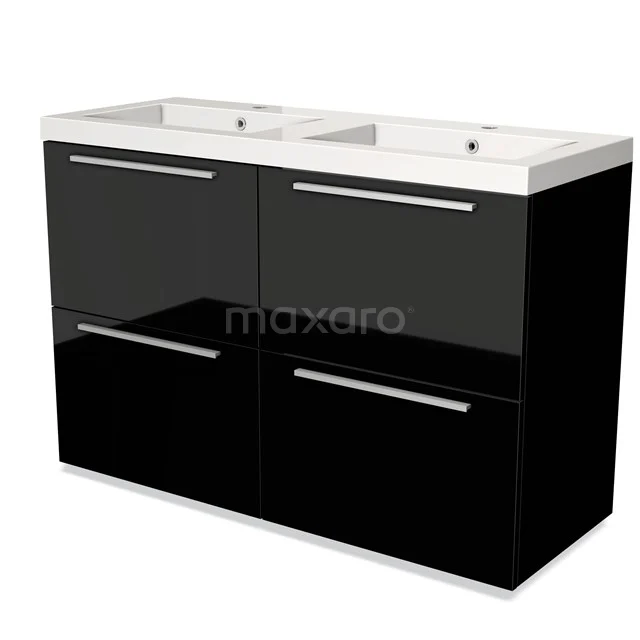 Black gloss vanity unit with double basin and sleek silver handles, ideal for modern bathrooms.