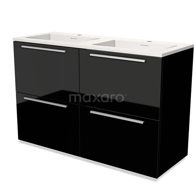 Schwarz glänzendes Badmöbel mit Doppelwaschbecken, 4 Schubladen und modernem Design, ideal für stilvolle Badezimmergestaltung.