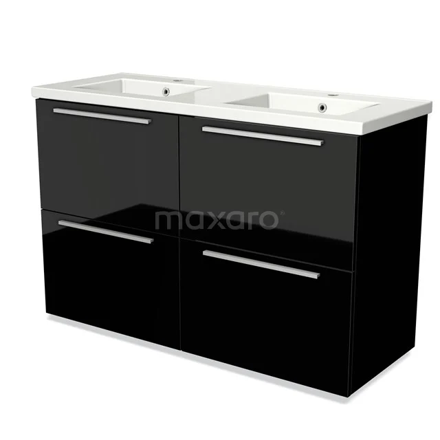 Black high-gloss bathroom unit with double basin and chrome handles, ideal for modern bathroom design.