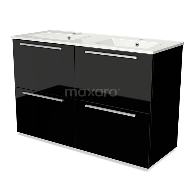 Black high-gloss black bathroom cabinet with double basin made of ceramic, sleek metal handles and modern design.