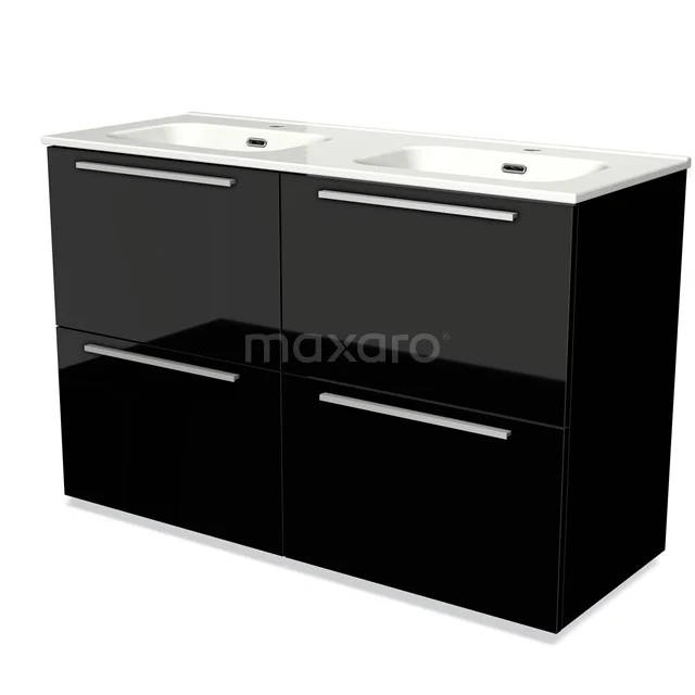 Double black vanity base unit with high-gloss finish, chrome handles and integrated white ceramic sink, perfect for the bathroom.