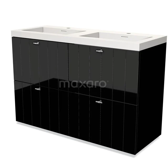 Double basin set in black with high-gloss finish, white basin and storage drawers, modern design.