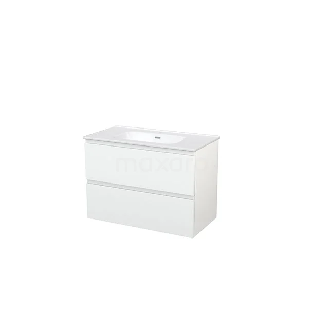 White bathroom unit with integrated vanity units with basin, sleek design, two drawers, ideal for modern bathroom design.