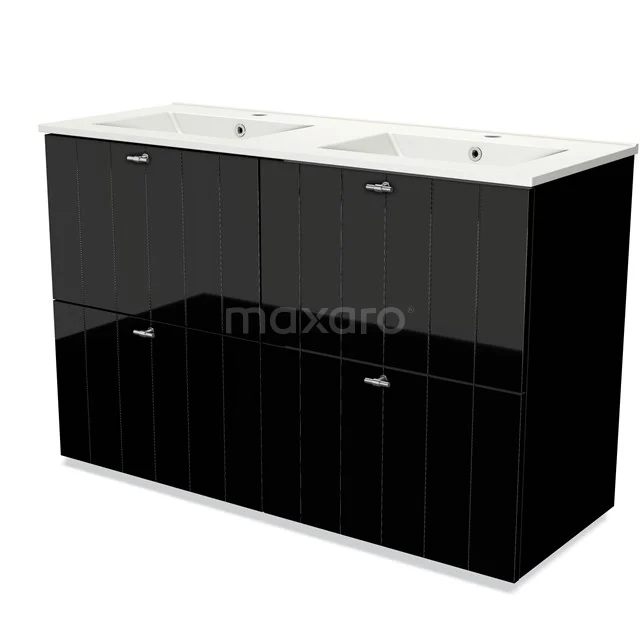 Modulo Badkamermeubel met wastafel | 120 cm Hoogglans zwart Lamel front Keramiek 4 hoge lades BMW14-00236