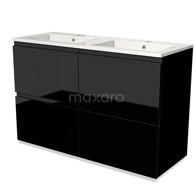 Black double vanity unit with glossy finish, white ceramic worktop and modern look for stylish bathrooms.