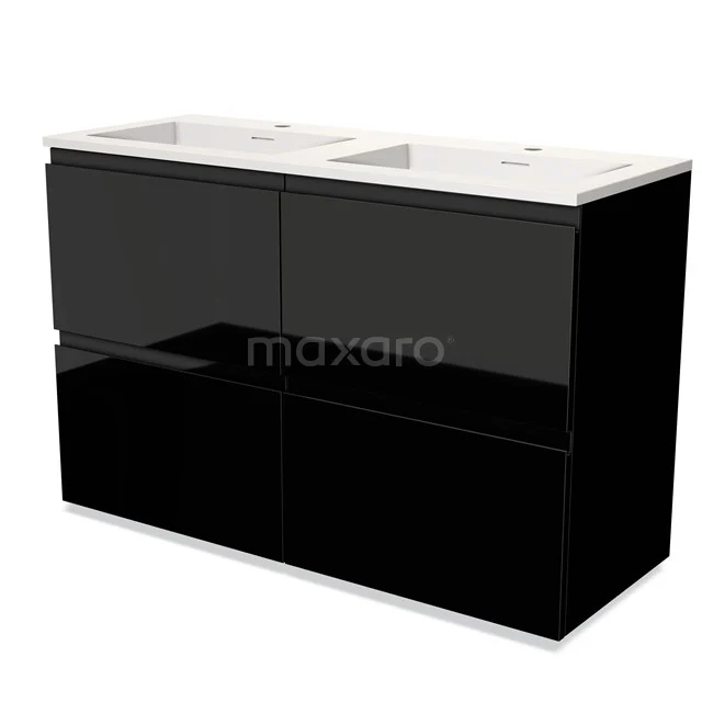 Black glossy bathroom unit with vanity units with basin, modern design and soft-close drawers for optimal storage.