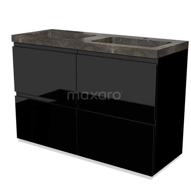 Modulo Bathroom furniture with sink | 120 cm High-gloss black Handle-less front Natural stone 4 high drawers BMW14-00245 Black vanity unit with double basin, high-gloss black drawers and marble worktop, ideal for a luxurious bathroom design.