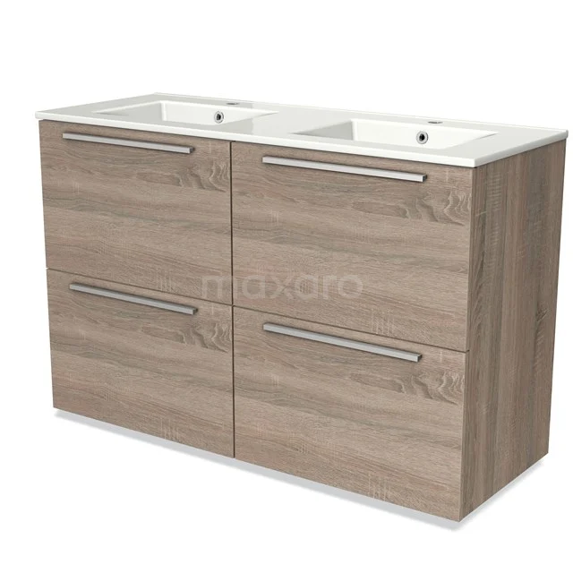 Wooden vanity unit with double white ceramic sink, four drawers and a modern design for the bathroom.