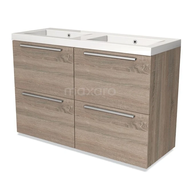 Wooden bathroom unit with double white vanity units with basin, modern stainless steel handles and four drawers, ideal for bathroom storage.