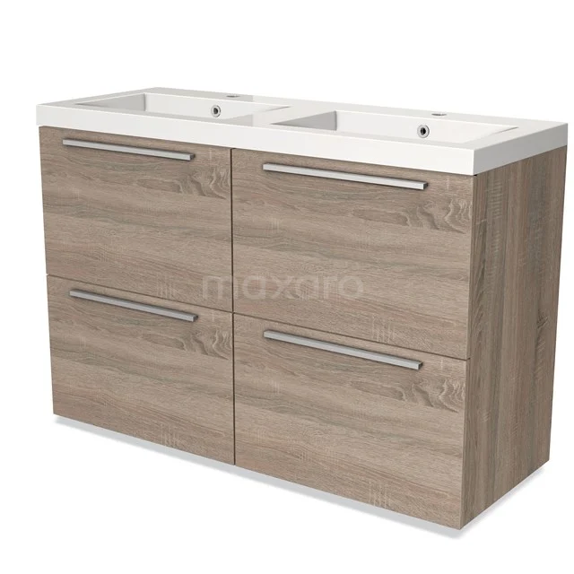 Dubbele wastafelonderkast houtlook met witte keramische waskommen, ideaal voor moderne badkameropslag en -inrichting.