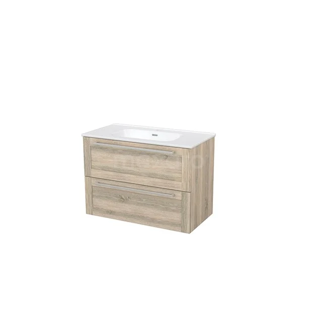 Badkamermeubel 90cm Modulo+ Eiken 2 Lades Kader Wastafel Keramiek BMP003029