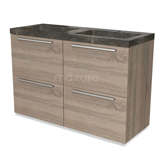 Houten badkamermeubel met donkere wastafel, dubbel wasbak-design en metalen handgrepen, modern en praktisch voor elke badkamer.
