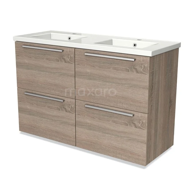 Holz Badezimmermöbel mit Doppelwaschbecken, helle Holzstruktur, vier Schubladen mit Metallgriffen, modernes und praktisches Design.