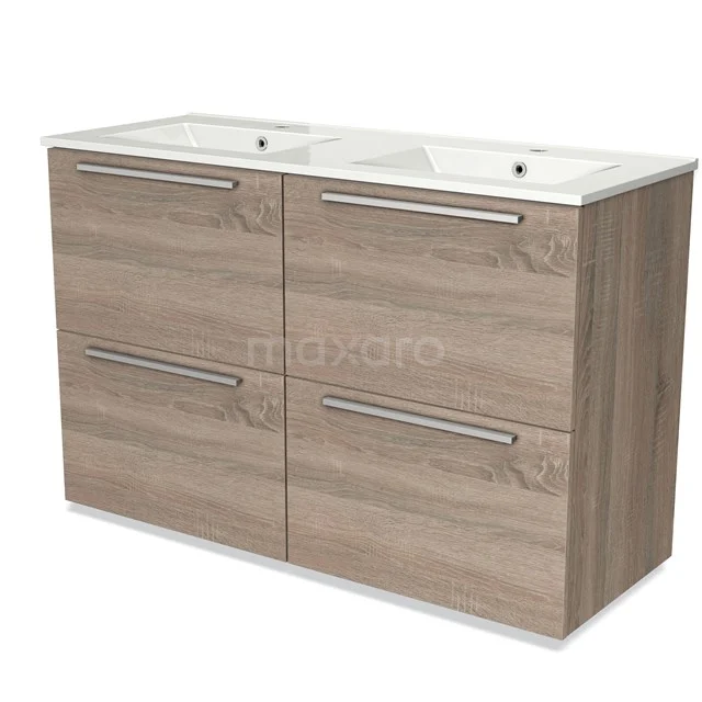 Houten badkamermeubel met dubbele witte wastafel en vier lades, modern design, ideaal voor opbergruimte in de badkamer.