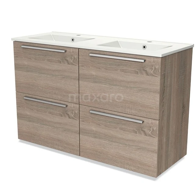 Houten badkamermeubel met dubbele wastafel, licht eiken afwerking en strakke metalen grepen, ideaal voor moderne badkamers.