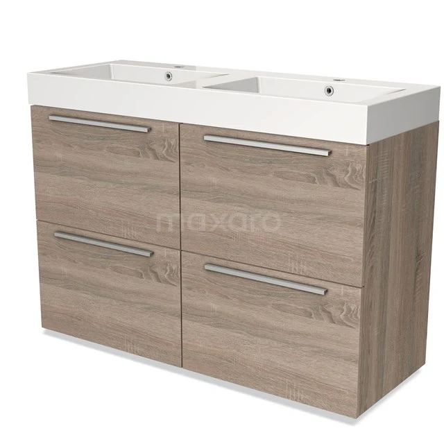 Houten badkamermeubel met dubbele wastafel, lichte eiken afwerking, moderne RVS handgrepen, ideaal voor stijlvolle badkameropslag.