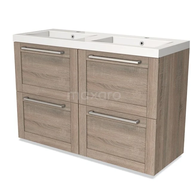 Wooden bathroom unit with double basin, 4 drawers and modern handles, ideal for a stylish and practical bathroom.