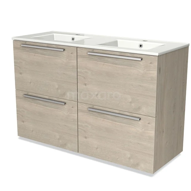 Wooden bathroom unit with double white basin, four drawers and modern metal handles, ideal for a stylish bathroom.