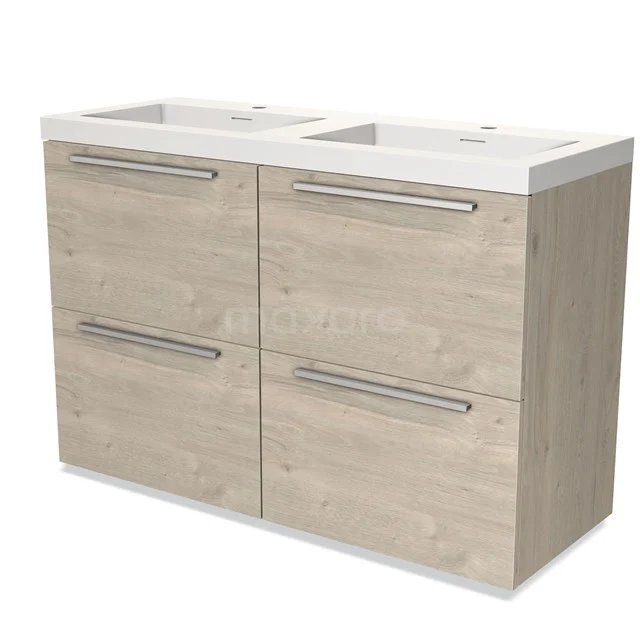 Houten badkamermeubel met dubbele wastafel, vier lades en moderne handgrepen; ideaal voor een stijlvolle badkamerinrichting.