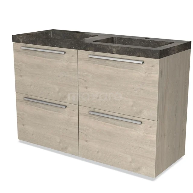 Holz-Waschtisch mit vier Schubladen, Naturholz-Optik und schwarzer Steinplatte, ideal als stilvolle Badezimmerlösung.