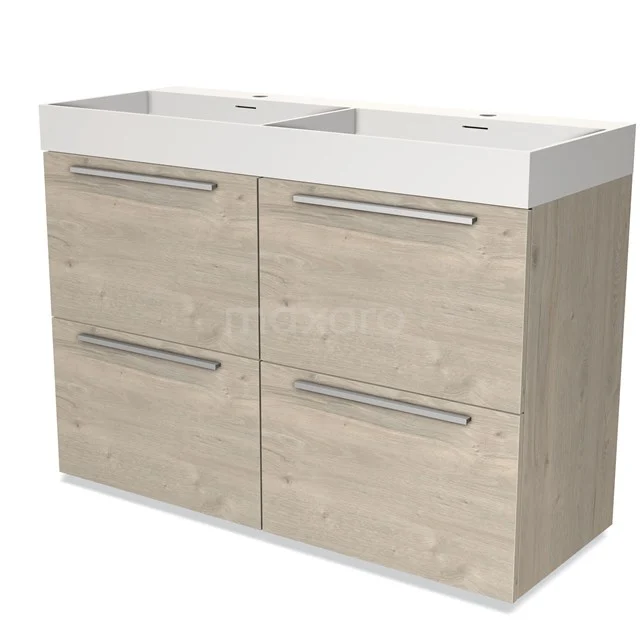 Houten badkamermeubel met dubbele wastafel, lichte eiken afwerking, vier lades en moderne metalen handgrepen.