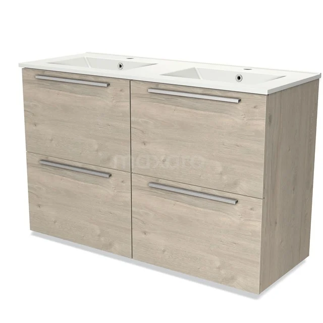 Houten badkamermeubel met dubbele wastafel, licht eikenhout uitstraling en modern design, ideaal voor opslag in de badkamer.