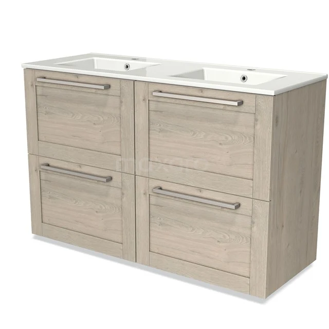 Wooden vanity unit with double basin, light Oak colour, four drawers with metal handles for stylish storage space.