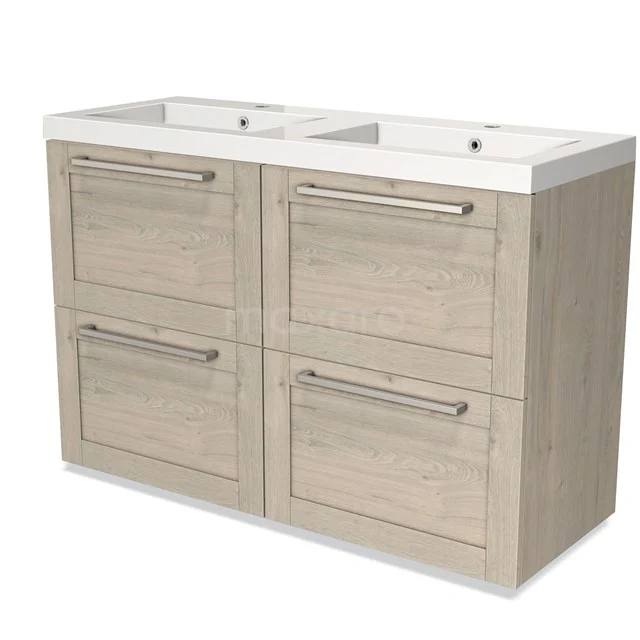 Modulo Bathroom furniture with sink | 120 cm Light grey oak Frame front Mineral marble 4 high drawers BMW14-00297 Wooden Bathroom unit with double basin, light Oak colour, four drawers with metal handles, ideal for modern bathrooms.
