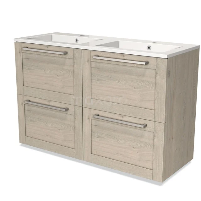 Wooden bathroom unit with double white basin, four drawers and metal handles, suitable for modern bathrooms.
