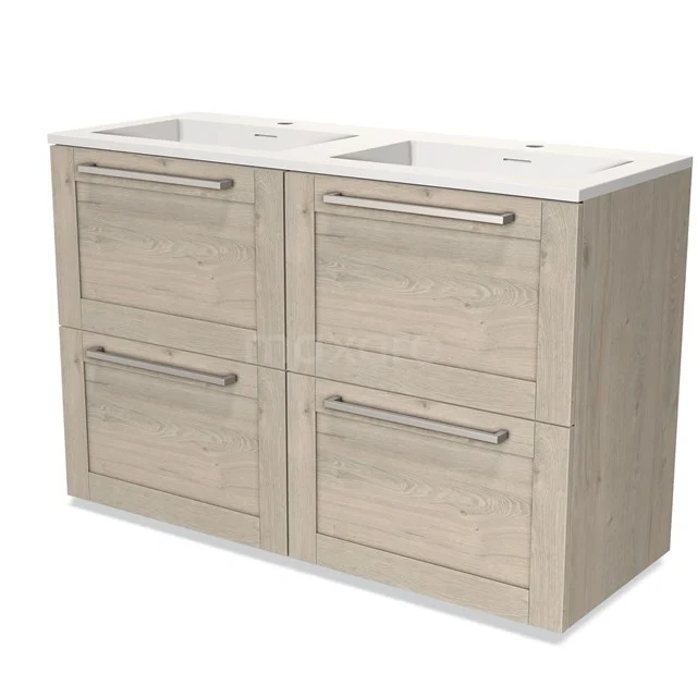 Wooden bathroom unit with double basin, four drawers and sleek handles, ideal for modern bathroom design.