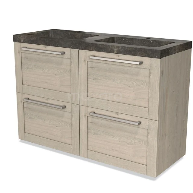 Modulo Bathroom furniture with sink | 120 cm Light grey oak Frame front Natural stone 4 high drawers BMW14-00301 Wooden bathroom unit with marble basin, four drawers and a natural finish, ideal for modern bathroom design.